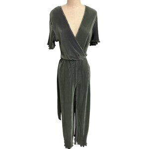 Pleated Olive Green Wrap-Front Jumpsuit With Scalloped Sleeves Tie Waist Size M